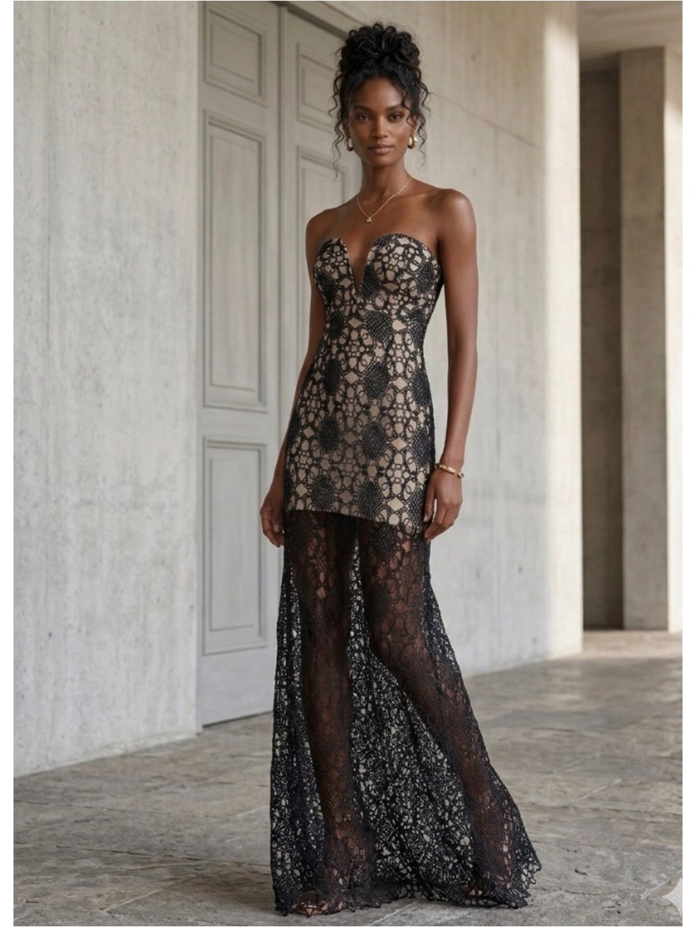 Reverse Strapless Coquette Black Crochet Lace Overlay Evening Fairy Dress M